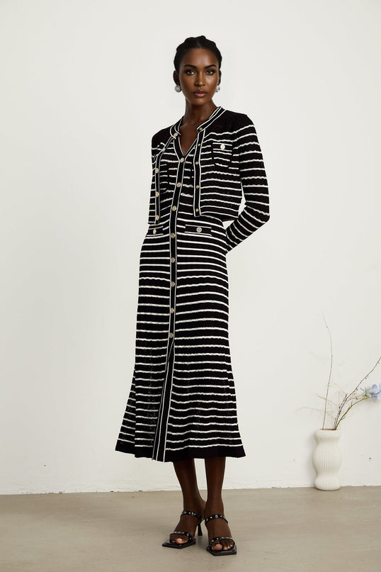 Assunta Black and White Stripe Cardigan Dress Set