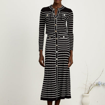 Assunta Black and White Stripe Cardigan and Dress Set