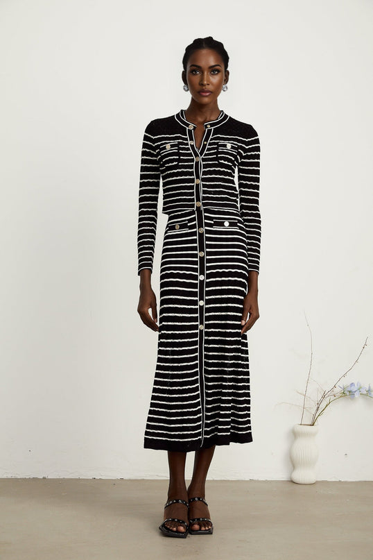 Assunta Black and White Stripe Cardigan and Dress Set