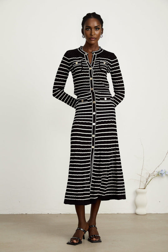 Assunta Black and White Stripe Cardigan Dress Set