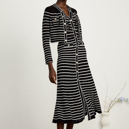 Assunta Black and White Stripe Cardigan and Dress Set