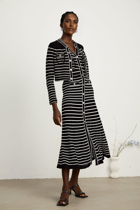Assunta Black and White Stripe Cardigan and Dress Set