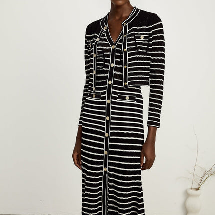 Assunta Black and White Stripe Cardigan Dress Set