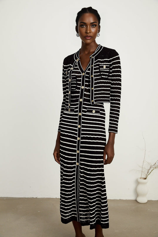Assunta Black and White Stripe Cardigan Dress Set