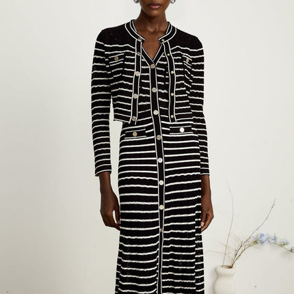 Assunta Black and White Stripe Cardigan and Dress Set