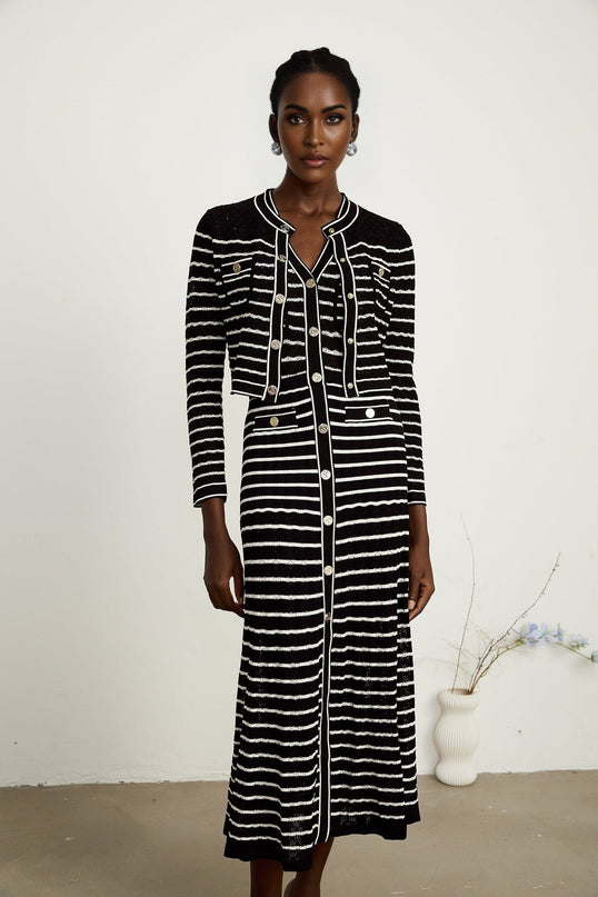 Assunta Black and White Stripe Cardigan and Dress Set