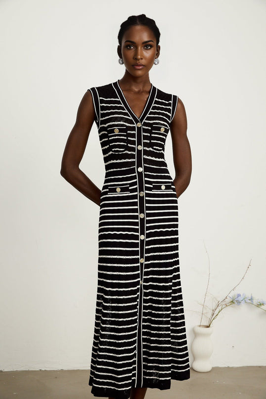 Assunta Black and White Striped Cardigan Dress Set