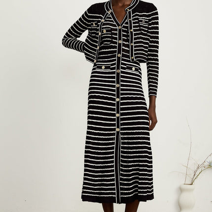 Assunta Black and White Stripe Cardigan Dress Set