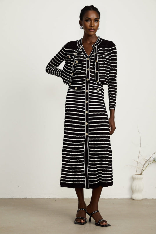 Assunta Black and White Stripe Cardigan Dress Set