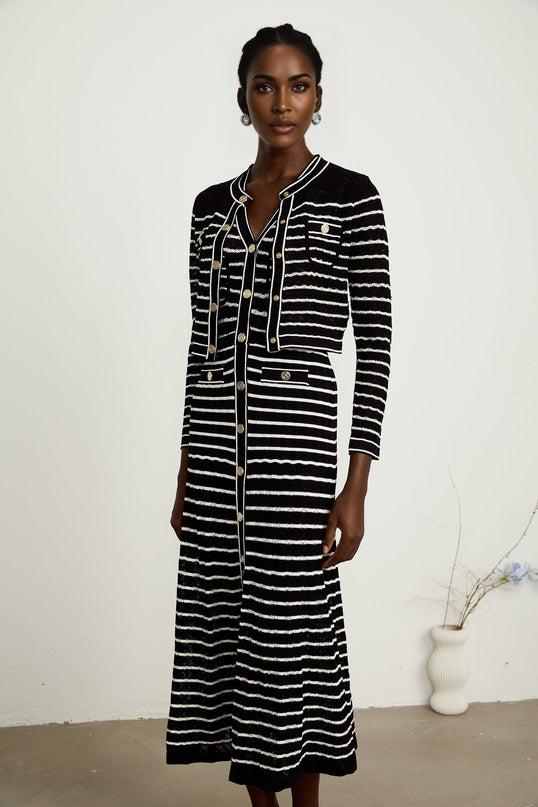Assunta Black and White Stripe Cardigan Dress Set