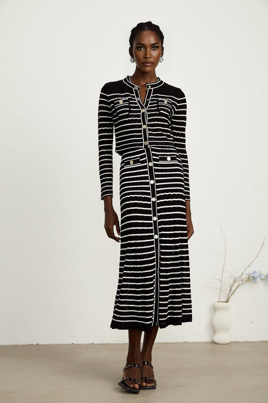 Assunta Black and White Stripe Cardigan Dress Set