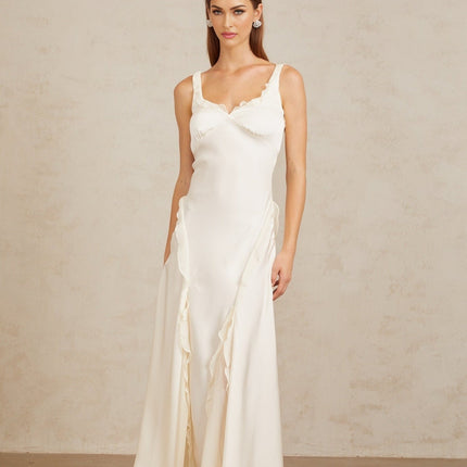 Assunta Maxi Dress in White with Ruffled Trim and Open Back