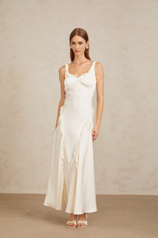 Assunta Maxi Dress in White with Ruffled Trim and Open Back
