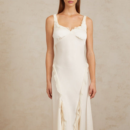 Assunta Maxi Dress in White with Ruffled Trim and Open Back Design