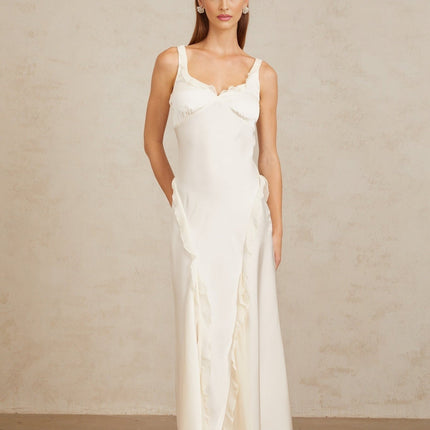 Assunta Maxi Dress in White with Ruffled Trim and Open Back