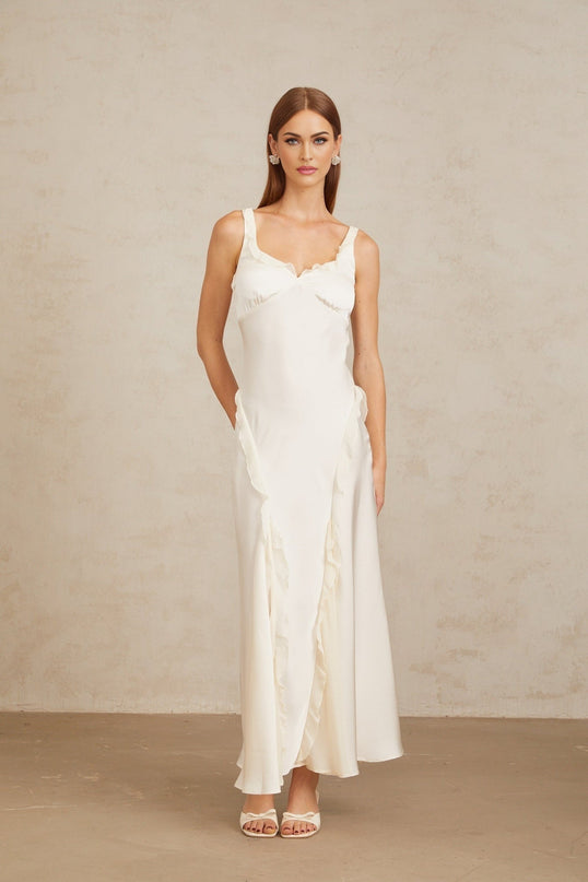 Assunta Maxi Dress in White with Ruffled Trim and Open Back