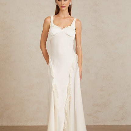 Assunta Maxi Dress White Ruffled Trim Open Back Sleeveless Side Zip Fastening 100% Terylene Fiber Special Occasion Elegant Sophisticated Chic Self-Tie Design Graceful Luxury Timeless Charm Scoop Neck Flowing Maxi Length Classic