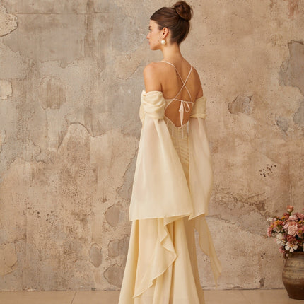 Assunta Neutrals Maxi Dress Sweetheart Neckline Ruched Detailing Chiffon Spaghetti Straps Cold Shoulder Fitted Waistline Flared Hem Slit Sleeves Self-Tie Detailing Special Occasions Modern Style Timeless Elegance