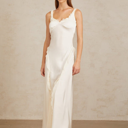 Assunta White Maxi Dress with Ruffled Trim and Open Back