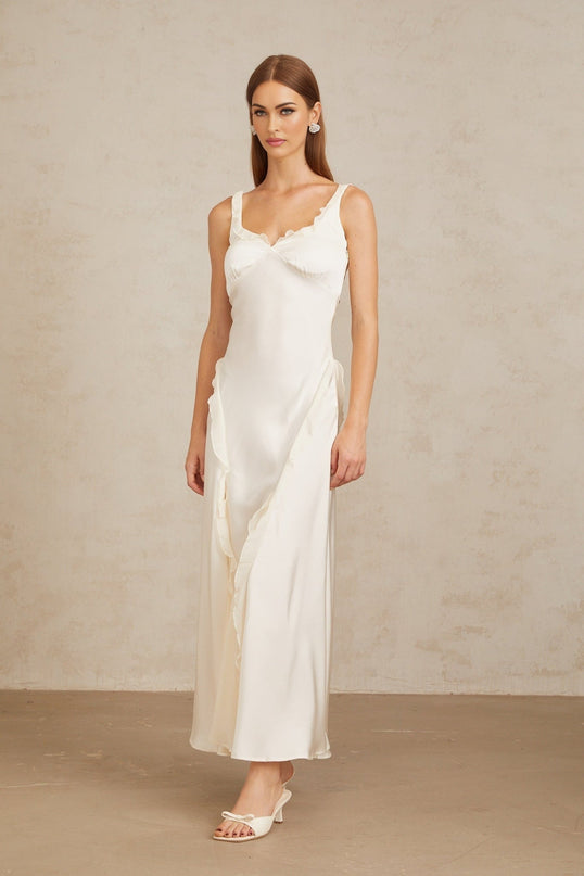 Assunta White Maxi Dress with Ruffled Trim and Open Back