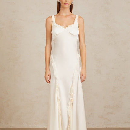 Assunta White Maxi Dress with Ruffled Trim and Open Back