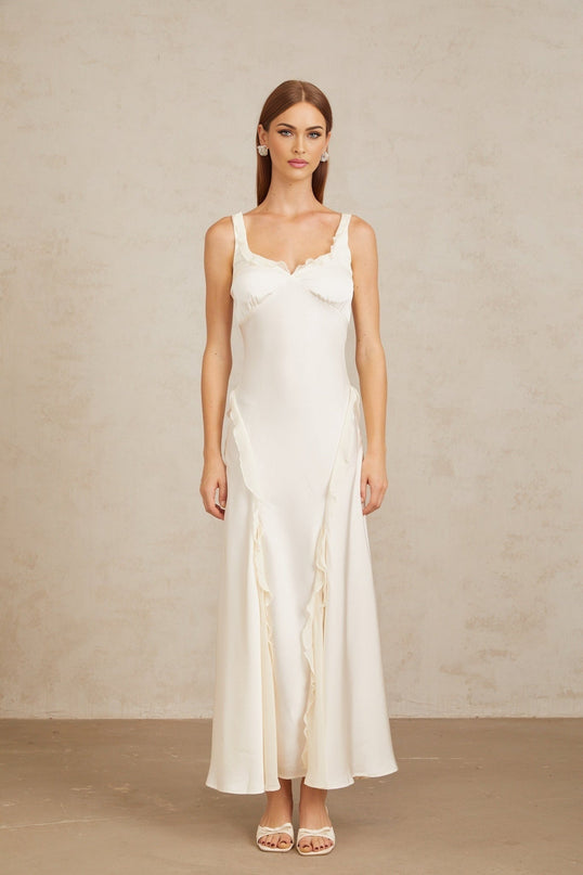 Assunta White Maxi Dress with Ruffled Trim and Open Back