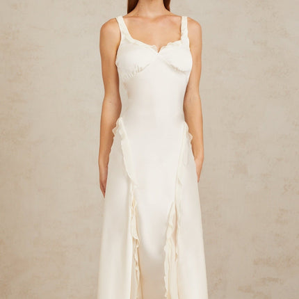 Assunta White Maxi Dress with Ruffled Trim and Open Back