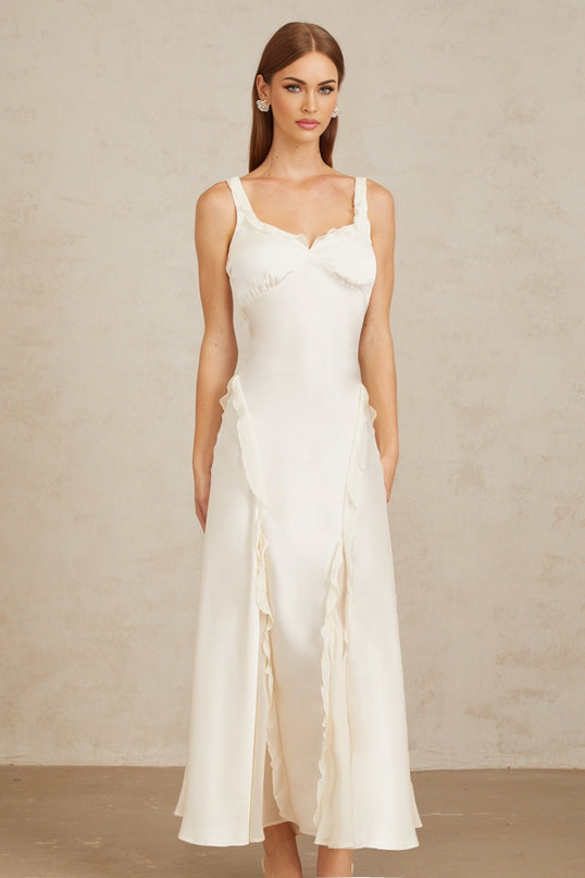 Assunta White Maxi Dress with Ruffled Trim and Open Back