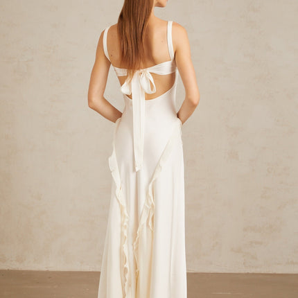 Assunta White Maxi Dress with Ruffled Trim and Open Back