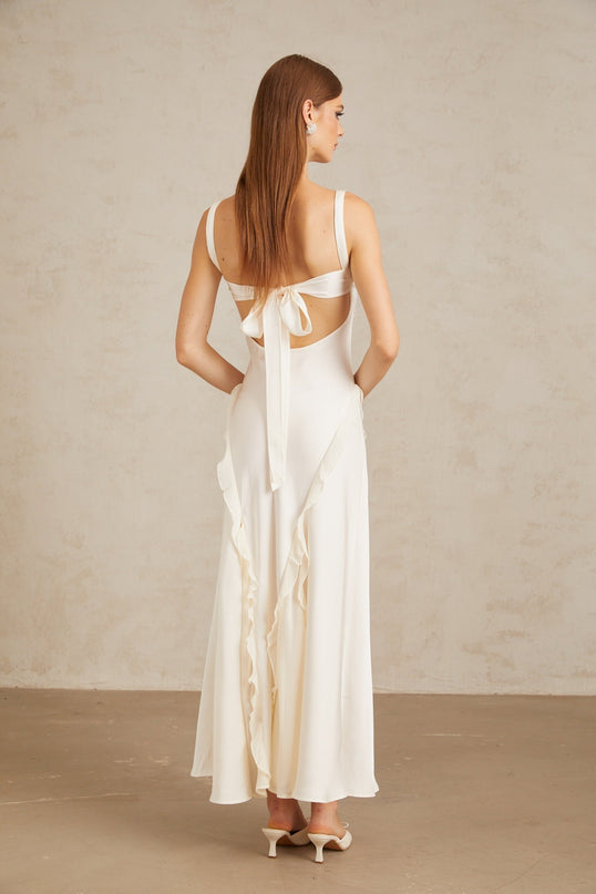 Assunta White Maxi Dress with Ruffled Trim and Open Back
