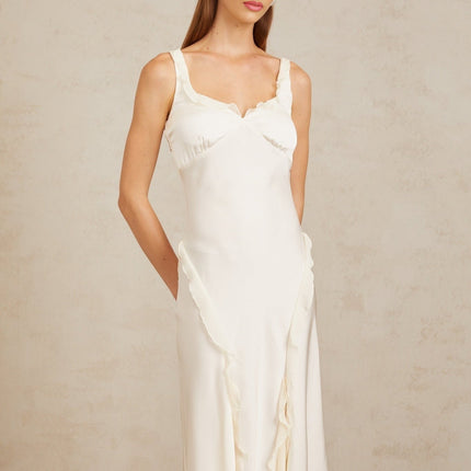Assunta White Maxi Dress with Ruffled Trim and Open Back Self-Tie Design