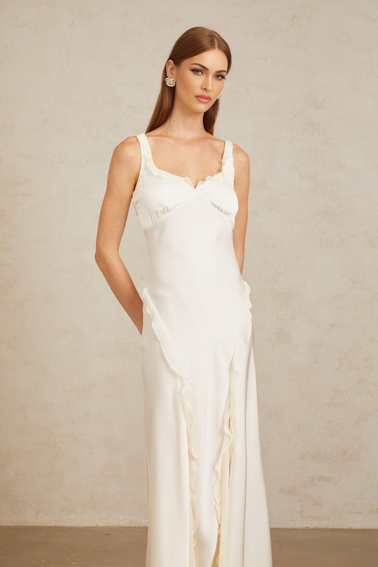 Assunta White Maxi Dress with Ruffled Trim and Open Back Self-Tie Design