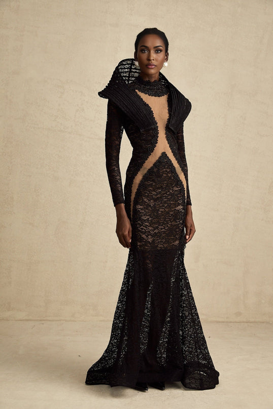 Assuntina Black Lace Maxi Dress with Fishtail Design and Split Detail