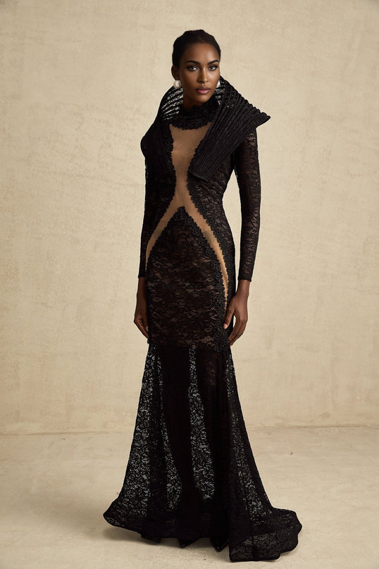Assuntina Black Lace Maxi Dress with Fishtail Split Detail