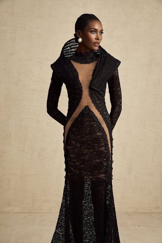 Assuntina Black Lace Maxi Dress with Fishtail Split Detail