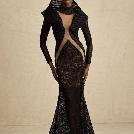 Assuntina Black Lace Maxi Dress with Fishtail Design