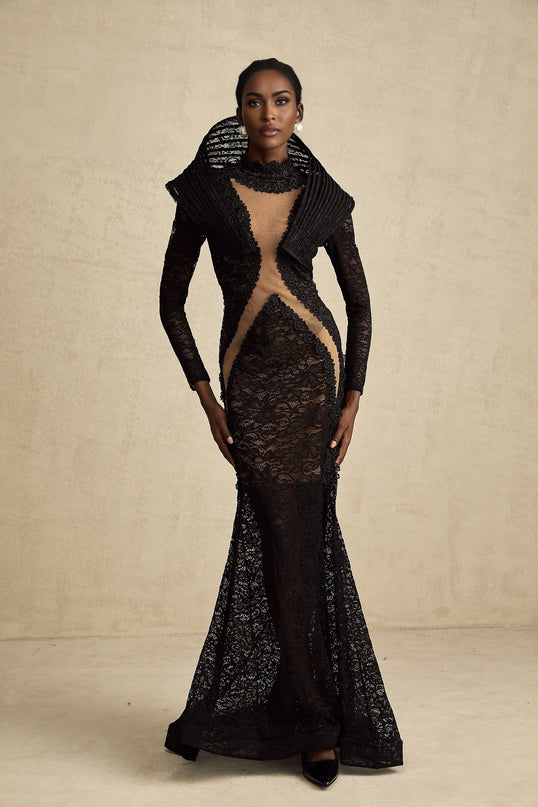Assuntina Black Lace Maxi Dress with Fishtail Design