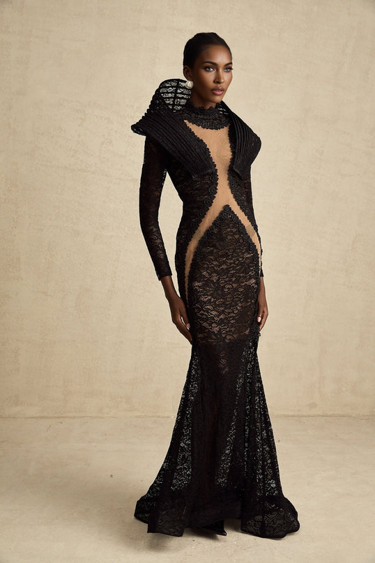 Assuntina Black Lace Maxi Dress with Split Detail