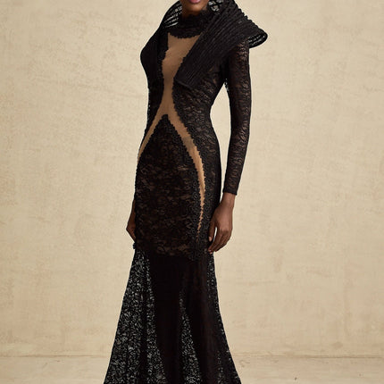 Assuntina Black Lace Maxi Dress with Mock Neck and Fishtail Design