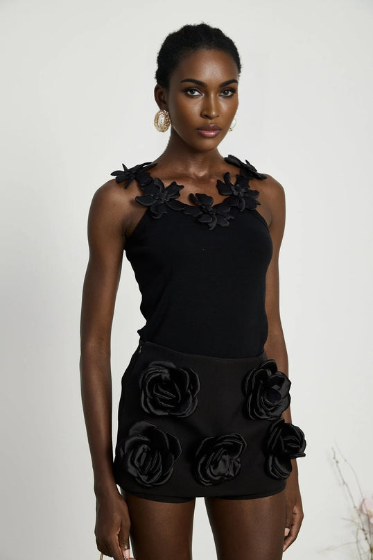 Assuntina Black Mini Dress with Faux Flower Embellishments