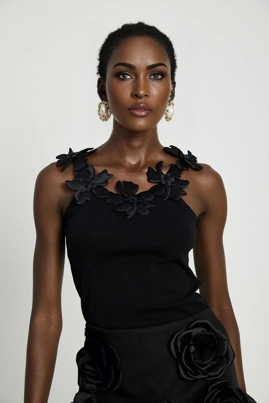 Assuntina Black Mini Dress with Faux Flower Embellishments and Side Zip Fastening