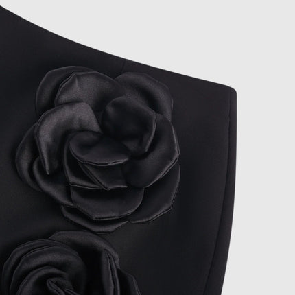 Assuntina Black Mini Dress with Faux Flower Embellishments and Side Zip Fastening