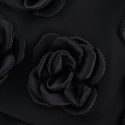Assuntina Black Mini Dress with Faux Flower Embellishments and Side Zip Fastening