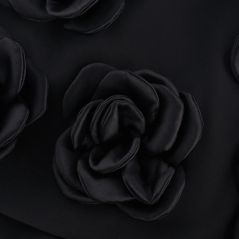 Assuntina Black Mini Dress with Faux Flower Embellishments and Side Zip Fastening