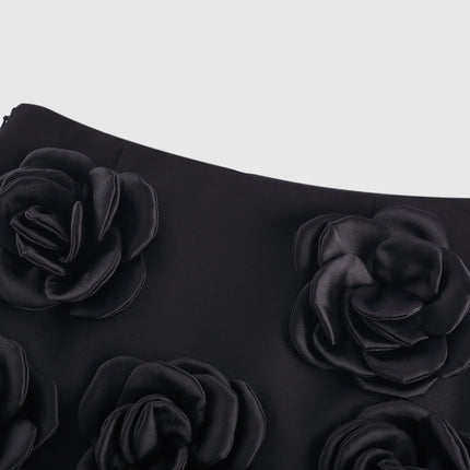 Assuntina Black Mini Dress with Faux Flower Embellishments