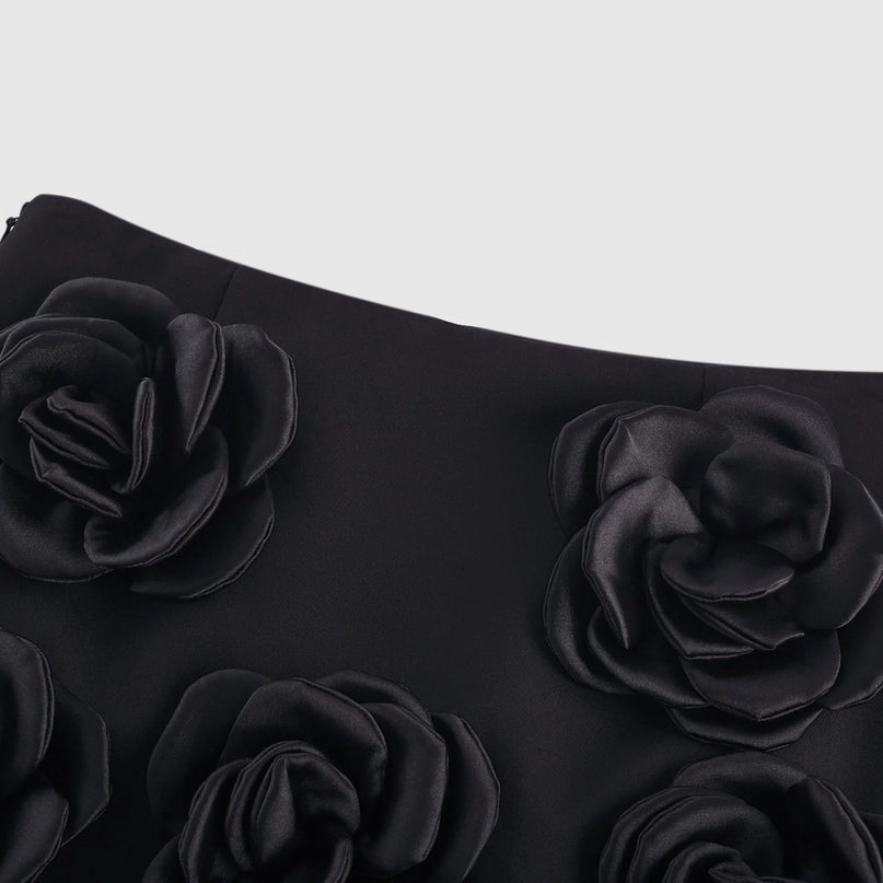 Assuntina Black Mini Dress with Faux Flower Embellishments