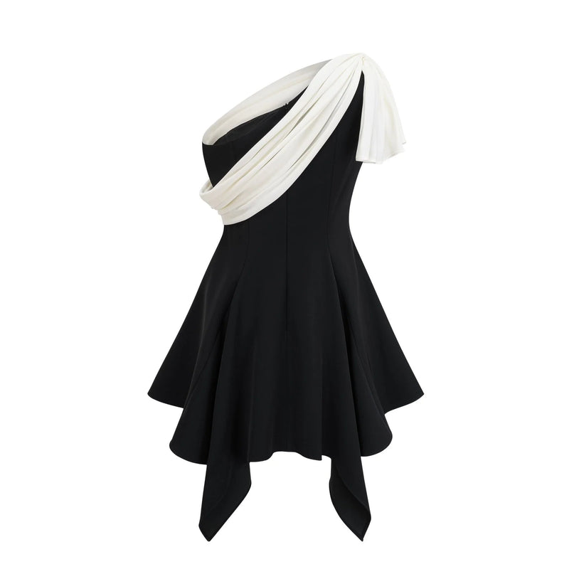 Assuntina Black One-Shoulder Mini Dress with Pleated Detailing in Polyester Cotton Blend