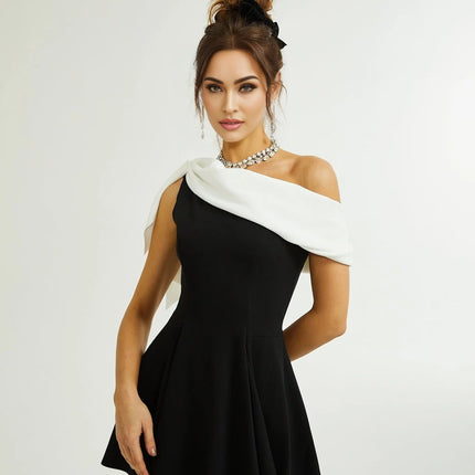 Assuntina Black One-Shoulder Mini Dress with Asymmetric Pleated Detailing