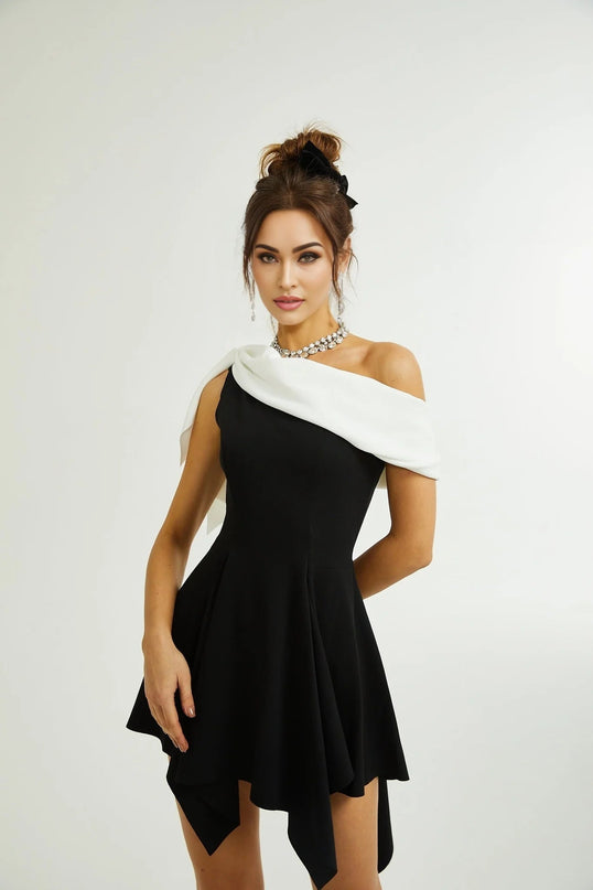Assuntina Black One-Shoulder Mini Dress with Asymmetric Pleated Detailing