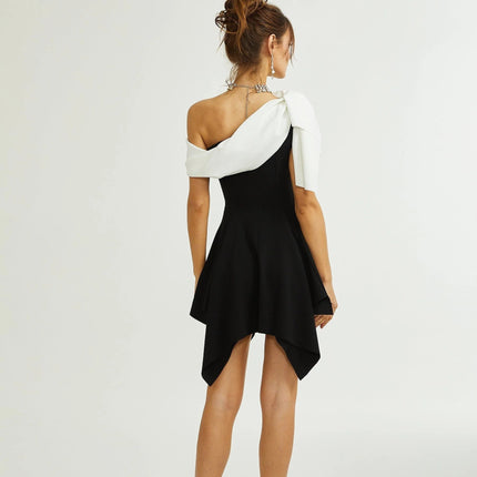 Assuntina Black One-Shoulder Mini Dress with Asymmetric Pleated Detailing